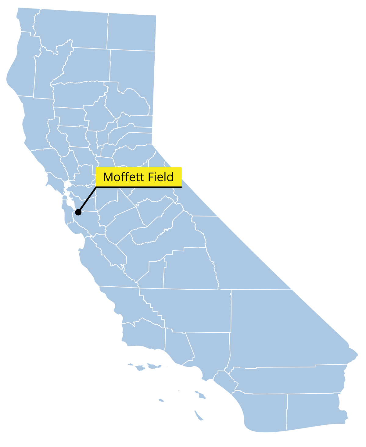 A map of the state of California identifying the location of Moffett Field adjacent to the San Francisco Bay.