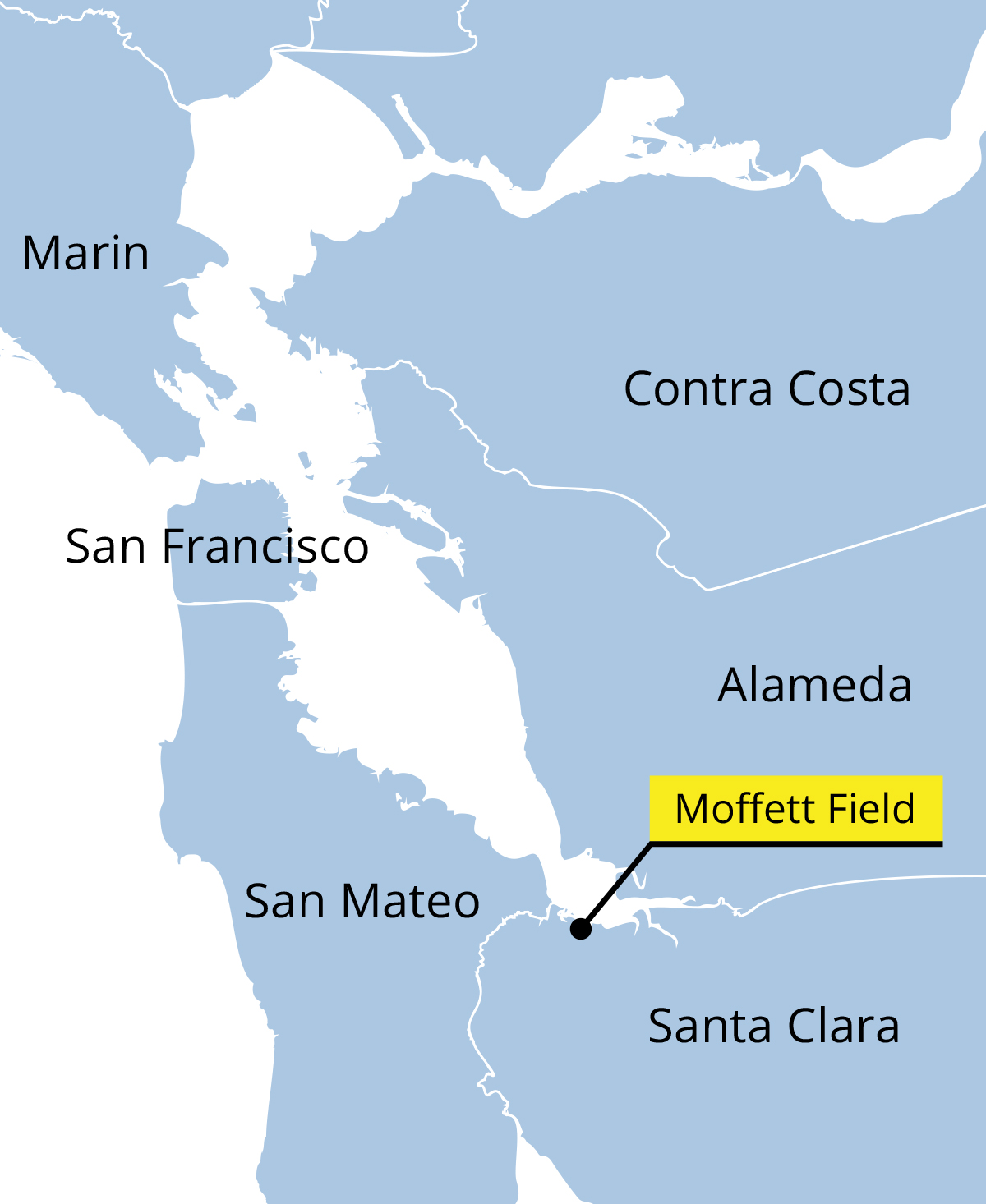 A map identifying the location of Moffett Field and the counties of Marin, San Francisco, San Mateo, Santa Clara, Alameda, and Contra Costa.