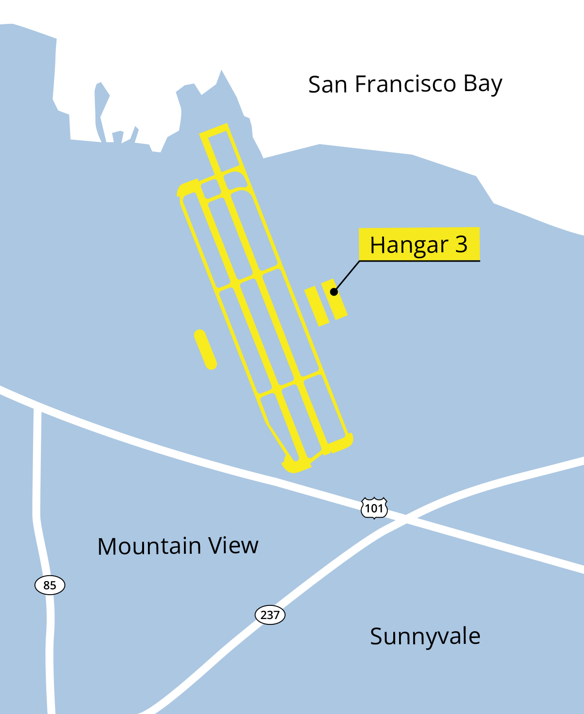 A map identifying Moffett Field and Hangar 3, the San Francisco Bay, the cities of Mountain View and Sunnyvale, and the 101, 237, and 85 highways.