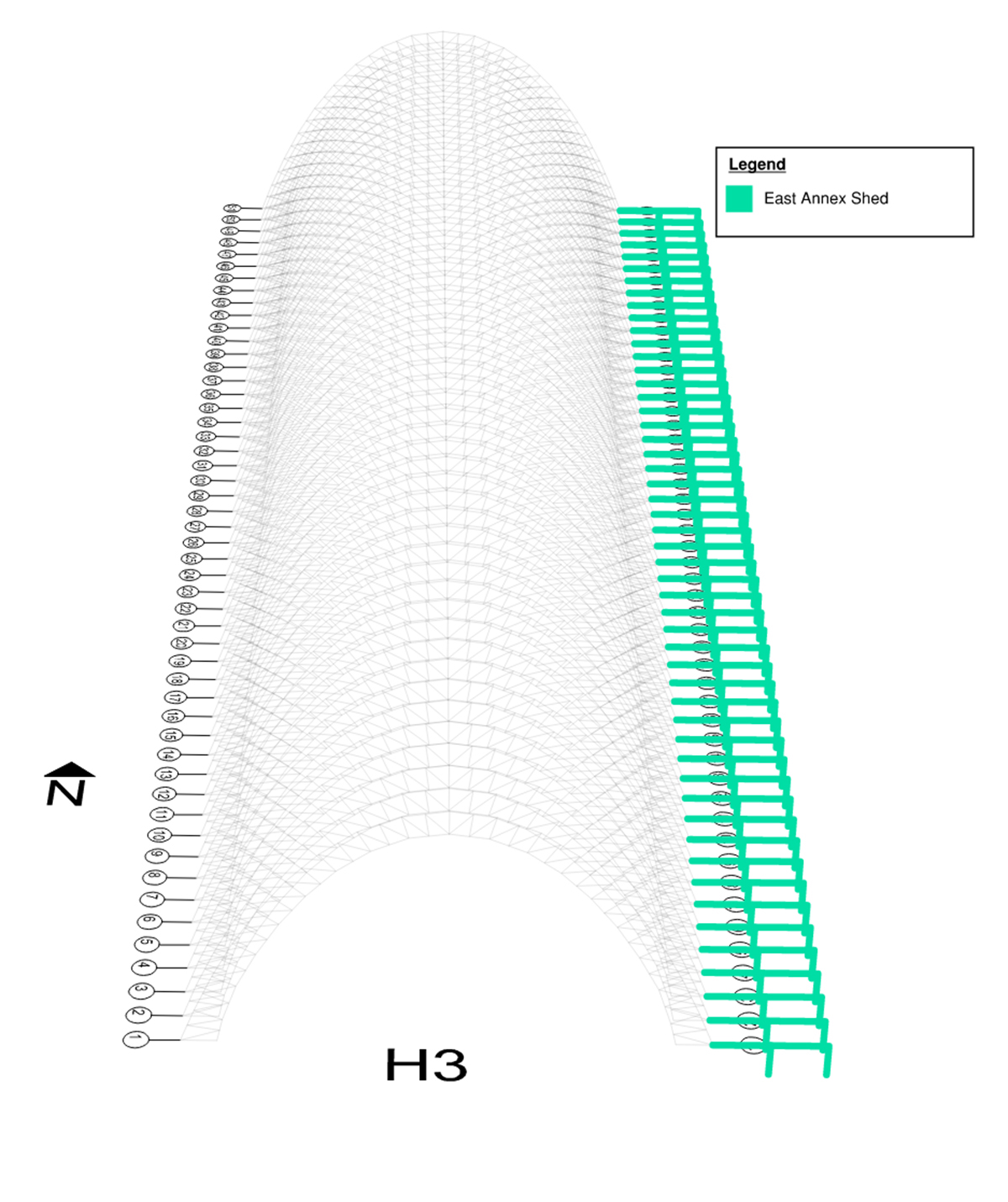A 3D drawing of the entire length of Hangar 3 looking down on its parabolic arch trusses. The columns and beams of the annex on the east facade are green.
