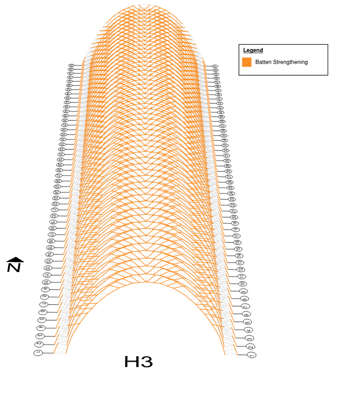 A 3D drawing of the entire length of Hangar 3 looking down on its parabolic arch trusses. The areas of the trusses that have been repaired are orange.