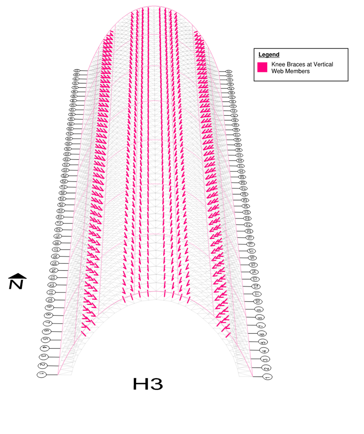 A 3D drawing of the entire length of Hangar 3 looking down on its parabolic arch trusses. The areas of the trusses that have been repaired are pink.