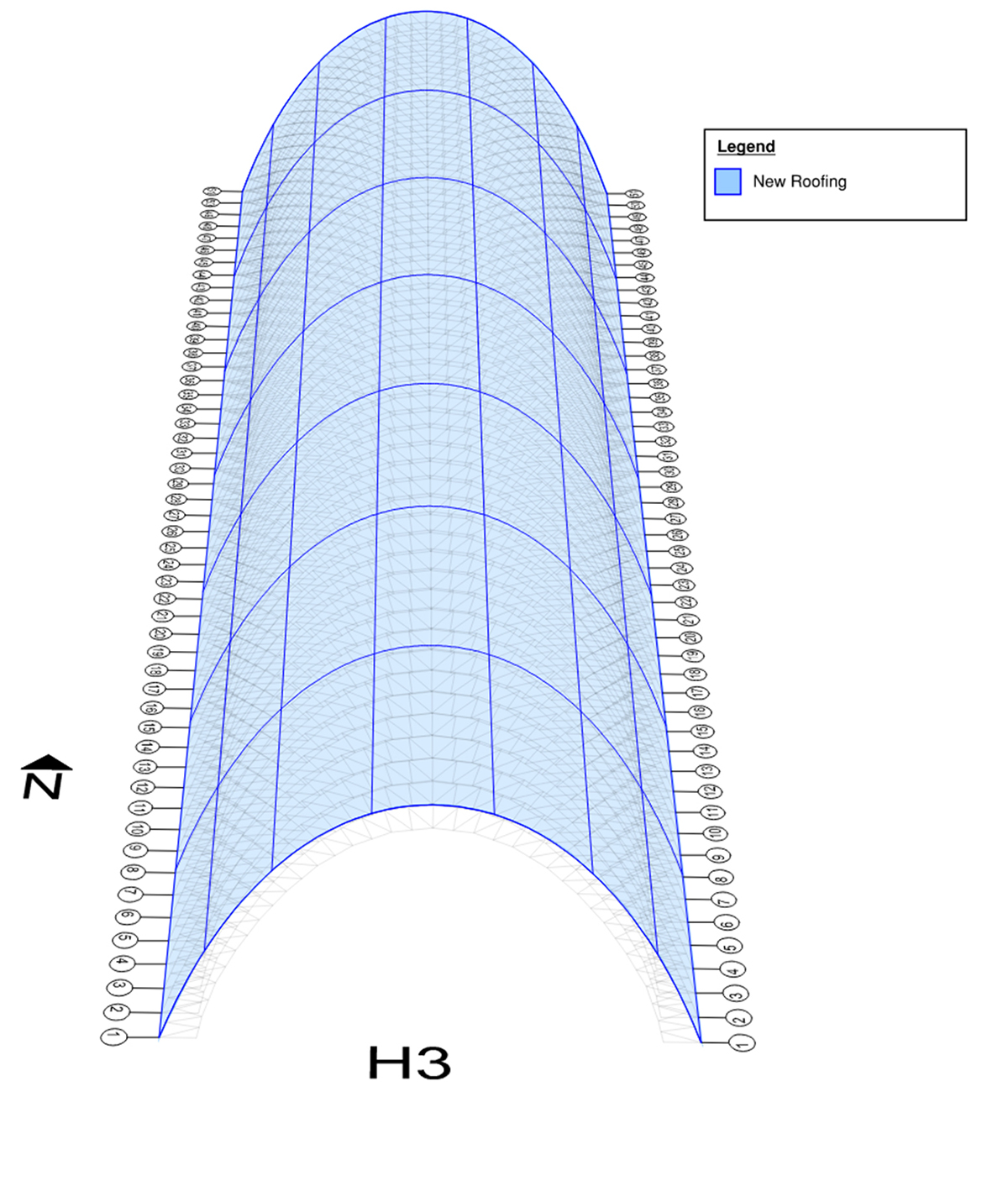 A 3D drawing of the entire length of Hangar 3 looking down on its parabolic arch trusses which are clad in a curved blue surface indicating the new roof.