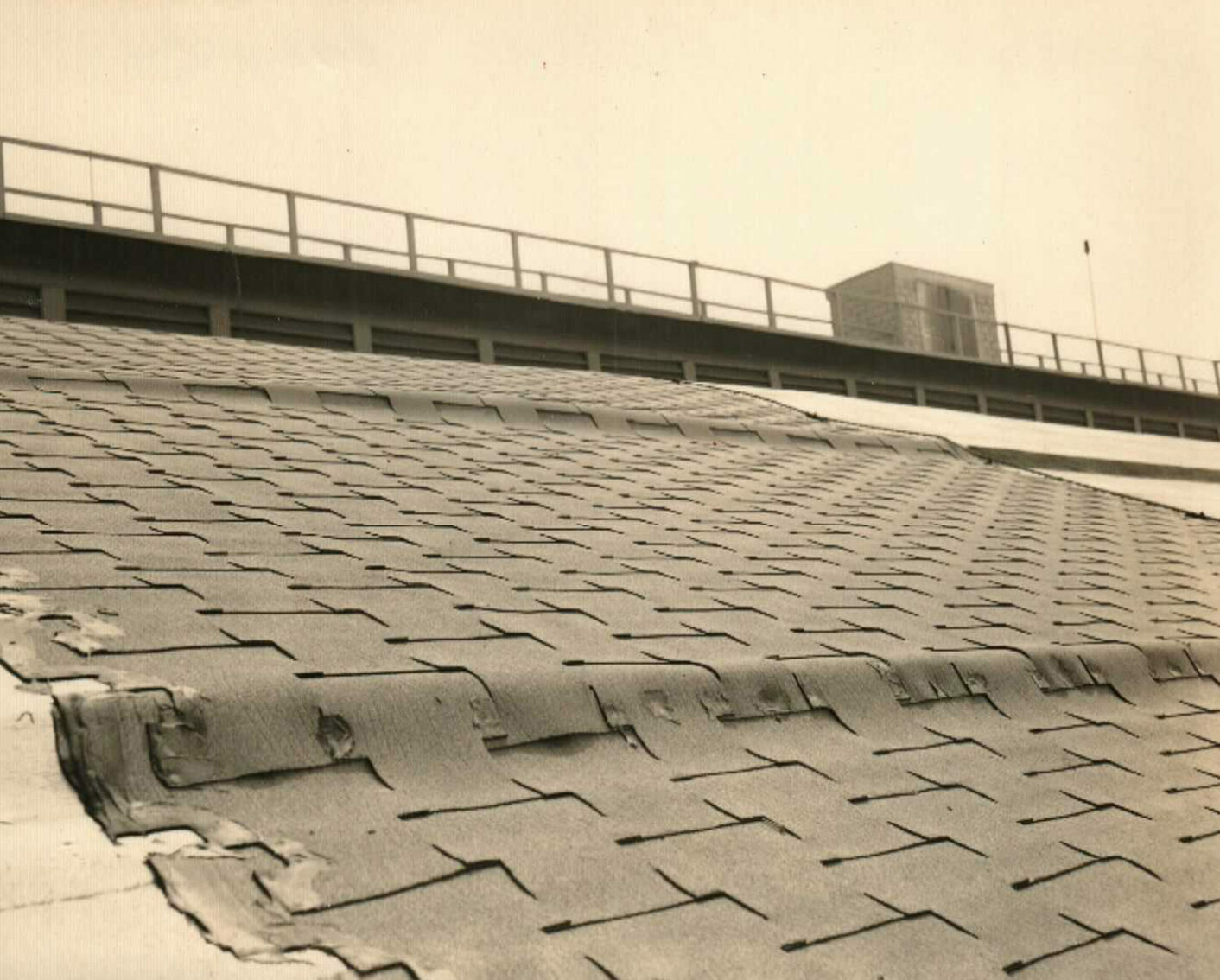 A close-up view of the old interlocking shingles on the roof of Hangar 3.